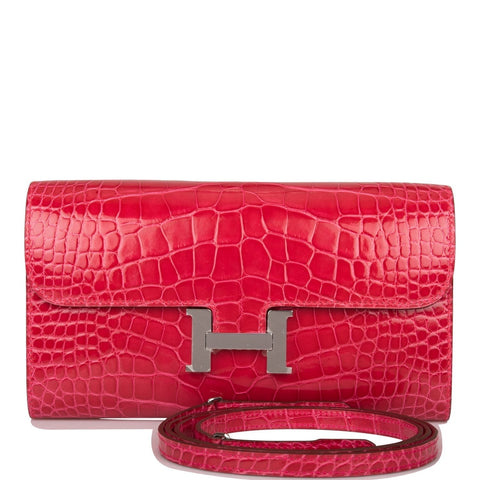 Hermes Rose Extreme Shiny Alligator Constance Wallet To Go Palladium Hardware
