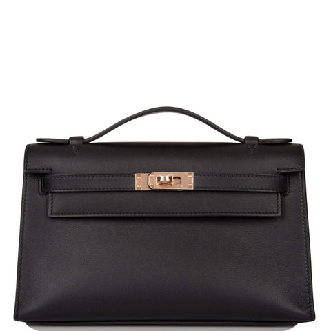 Hermes Black Swift Mini Kelly Pochette Rose Gold Hardware