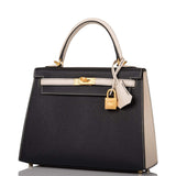 Hermes Kelly 25cm Bi-Color Black and Craie Epsom Sellier Brushed Gold Hardware