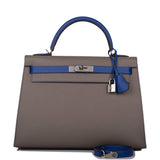 Hermes Kelly 32cm Bi-Color Etain and Bleu Electric Epsom Sellier Palladium Hardware