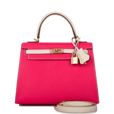 Hermes Kelly 25cm  Bi-Color Rose Extreme and Craie Epsom Sellier Permabrass Hardware
