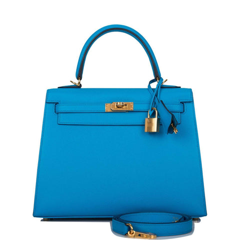 Hermes Kelly Sellier 25 Bleu Frida Epsom Gold Hardware