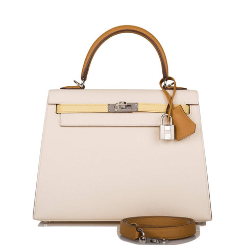 Hermes Kelly 25cm Epsom Sellier Tri-Color Nata, Jaune Poussin and Sesame Palladium Hardware