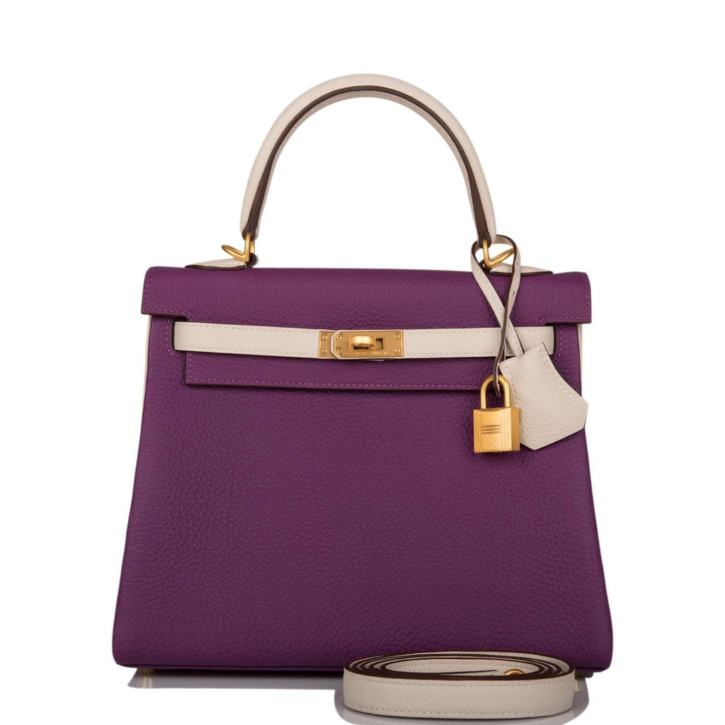 Hermes Kelly 25cm Brushed Gold Hardware Bi-Color Anemone and Craie Togo Retourne