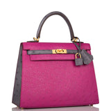 Hermes Horseshoe Stamp (HSS) Bi-Color Rose Pourpre and Gris Agate Ostrich Sellier Kelly 25cm Brushed Gold Hardware
