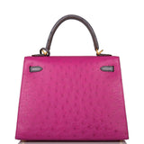 Hermes Horseshoe Stamp (HSS) Bi-Color Rose Pourpre and Gris Agate Ostrich Sellier Kelly 25cm Brushed Gold Hardware
