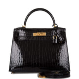 Hermes Black Shiny Niloticus Crocodile Sellier Kelly 28cm Gold Hardware