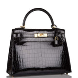 Hermes Black Shiny Niloticus Crocodile Sellier Kelly 28cm Gold Hardware