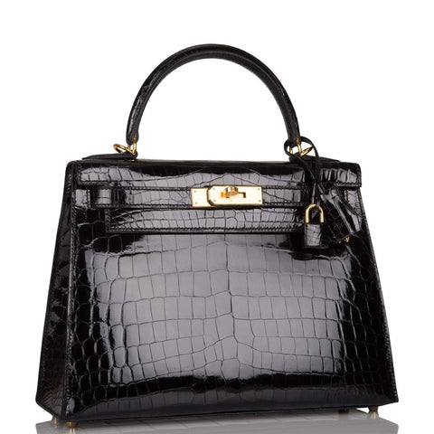 Hermes Black Shiny Niloticus Crocodile Sellier Kelly 28cm Gold Hardware