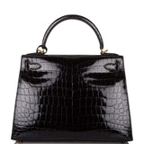Hermes Black Shiny Niloticus Crocodile Sellier Kelly 28cm Gold Hardware