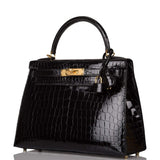 Hermes Black Shiny Niloticus Crocodile Sellier Kelly 28cm Gold Hardware
