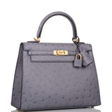 Hermes Horseshoe Stamp (HSS) Bi-Color Gris Agate and Bleu Electric Ostrich Sellier Kelly 25cm Brushed Gold Hardware