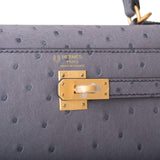 Hermes Horseshoe Stamp (HSS) Bi-Color Gris Agate and Bleu Electric Ostrich Sellier Kelly 25cm Brushed Gold Hardware