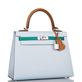 Hermes Tri-Color Bleu Brume, Vert Jade and Gold Epsom Sellier Kelly 25cm Palladium Hardware