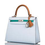 Hermes Tri-Color Bleu Brume, Vert Jade and Gold Epsom Sellier Kelly 25cm Palladium Hardware