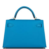 Hermes Bleu Frida Chevre Mysore Sellier Kelly 20cm Gold Hardware