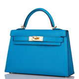 Hermes Bleu Frida Chevre Mysore Sellier Kelly 20cm Gold Hardware