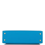 Hermes Bleu Frida Chevre Mysore Sellier Kelly 20cm Gold Hardware
