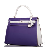 Hermes Kelly Sellier 28 Crocus and White Epsom Brushed Palladium Hardware