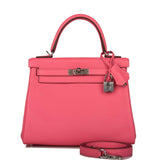 Pre-owned Hermes Kelly Retourne 25 Rose Azalee Swift Palladium Hardware