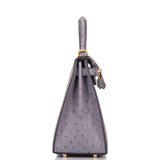 Hermes Kelly 28cm Bi-Color Gris Agate and Gris Perle Ostrich Sellier  Brushed Gold Hardware