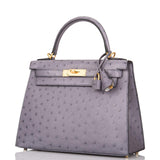 Hermes Kelly 28cm Bi-Color Gris Agate and Gris Perle Ostrich Sellier  Brushed Gold Hardware
