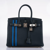 Hermes Birkin 30 Officier Vert Cyprès Togo & Bleu Zellige Stripe & Lining Palladium Hardware - 2018, C