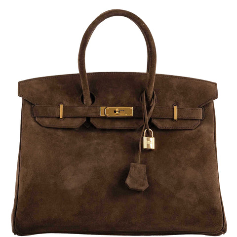 Hermes Birkin 35 Chocolate Veau Doblis Suede with Gold Hardware - 2011, O Square