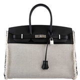 Hermes Fray Fray Birkin 35 Black Swift & Toile H with Palladium Hardware - 2021, Z