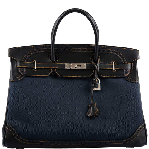 Hermes Ghillies Birkin 40 Indigo Denim & Black Evercalf with Brushed Palladium Hardware - 2013, Q Square