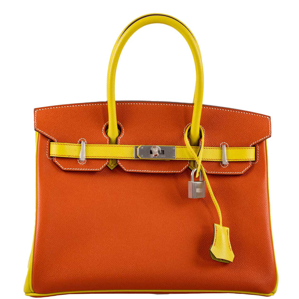 Hermes HSS Birkin 30 Feu & Lime Epsom with Brushed Palladium Hardware - 2013, Q Square