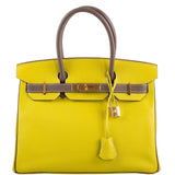 Hermes HSS Birkin 30 Lime & Etoupe Chevre with Gold Hardware - 2013, Q Square