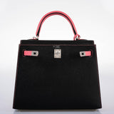 Hermes HSS Kelly 25 Sellier Rose Azalee & Black Epsom with Brushed Palladium Hardware - 2019, D