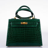 Hermes Kelly 25 HSS Sellier Emerald Nilo Crocodile & Cassis Brushed Gold Hardware - 2018, C