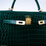 Hermes Kelly 25 HSS Sellier Emerald Nilo Crocodile & Cassis Brushed Gold Hardware - 2018, C