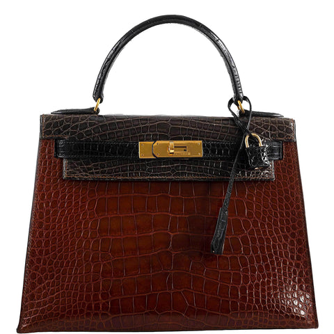 Hermes Kelly 28 Sellier Miel, Graphite & Black Alligator with Gold Hardware - 1995, Y Circle