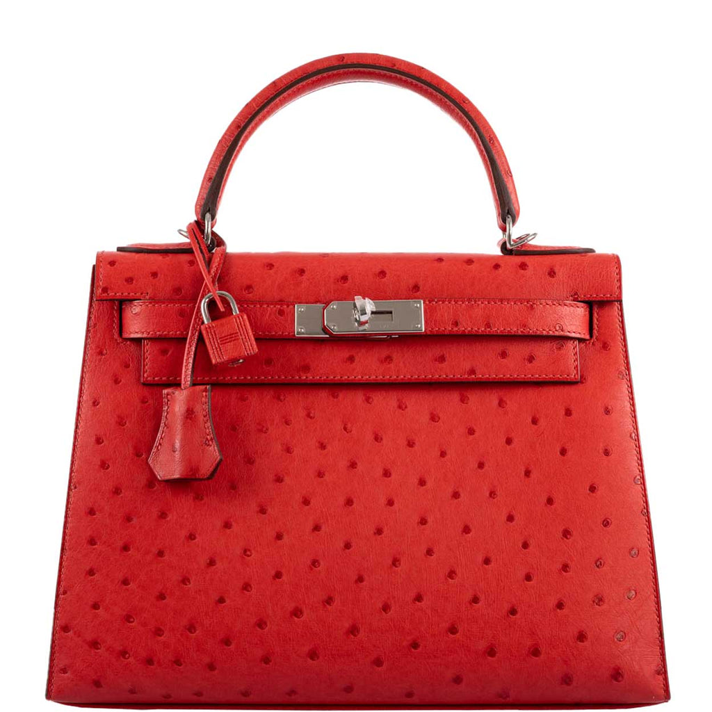 Hermes Kelly 28 Sellier Rouge Vif Ostrich with Palladium Hardware - 2017, A