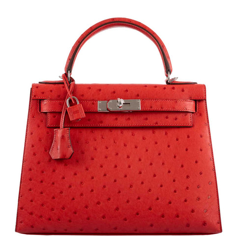 Hermes Kelly 28 Sellier Rouge Vif Ostrich with Palladium Hardware - 2017, A