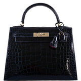 Hermes Kelly 28 Sellier Verso Blue Marine Nilo Crocodile & Rose Scheherazade Palladium Hardware - 2019, D