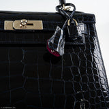 Hermes Kelly 28 Sellier Verso Blue Marine Nilo Crocodile & Rose Scheherazade Palladium Hardware - 2019, D