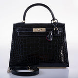 Hermes Kelly 28 Sellier Verso Blue Marine Nilo Crocodile & Rose Scheherazade Palladium Hardware - 2019, D