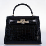 Hermes Kelly 28 Sellier Verso Blue Marine Nilo Crocodile & Rose Scheherazade Palladium Hardware - 2019, D