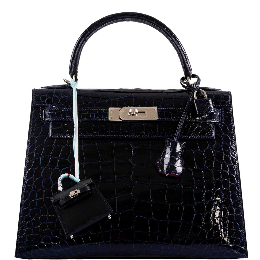 Hermes Kelly 28 Sellier Verso Blue Marine Nilo Crocodile & Rose Scheherazade Palladium Hardware - 2019, D