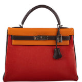 Hermes Kelly 32 Retourne Orange H, Rouge Vif & Ebene Togo with Ruthenium Hardware - 2006, J Square