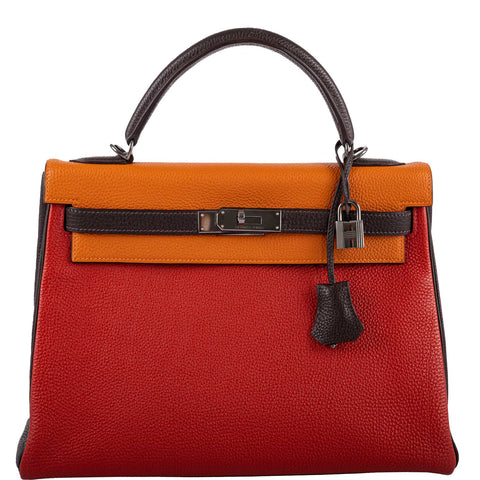 Hermes Kelly 32 Retourne Orange H, Rouge Vif & Ebene Togo with Ruthenium Hardware - 2006, J Square