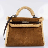 Hermes Kelly 35 Retourne Teddy Shearling & Ebene Barenia Palladium Hardware