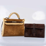 Hermes Kelly 35 Retourne Teddy Shearling & Ebene Barenia Palladium Hardware