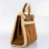 Hermes Kelly 35 Retourne Teddy Shearling & Ebene Barenia Palladium Hardware