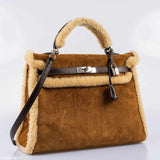 Hermes Kelly 35 Retourne Teddy Shearling & Ebene Barenia Palladium Hardware