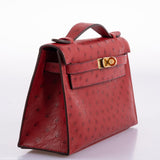 Hermes Kelly Mini Pochette Rouge Vif Ostrich Gold Hardware - 2017, A